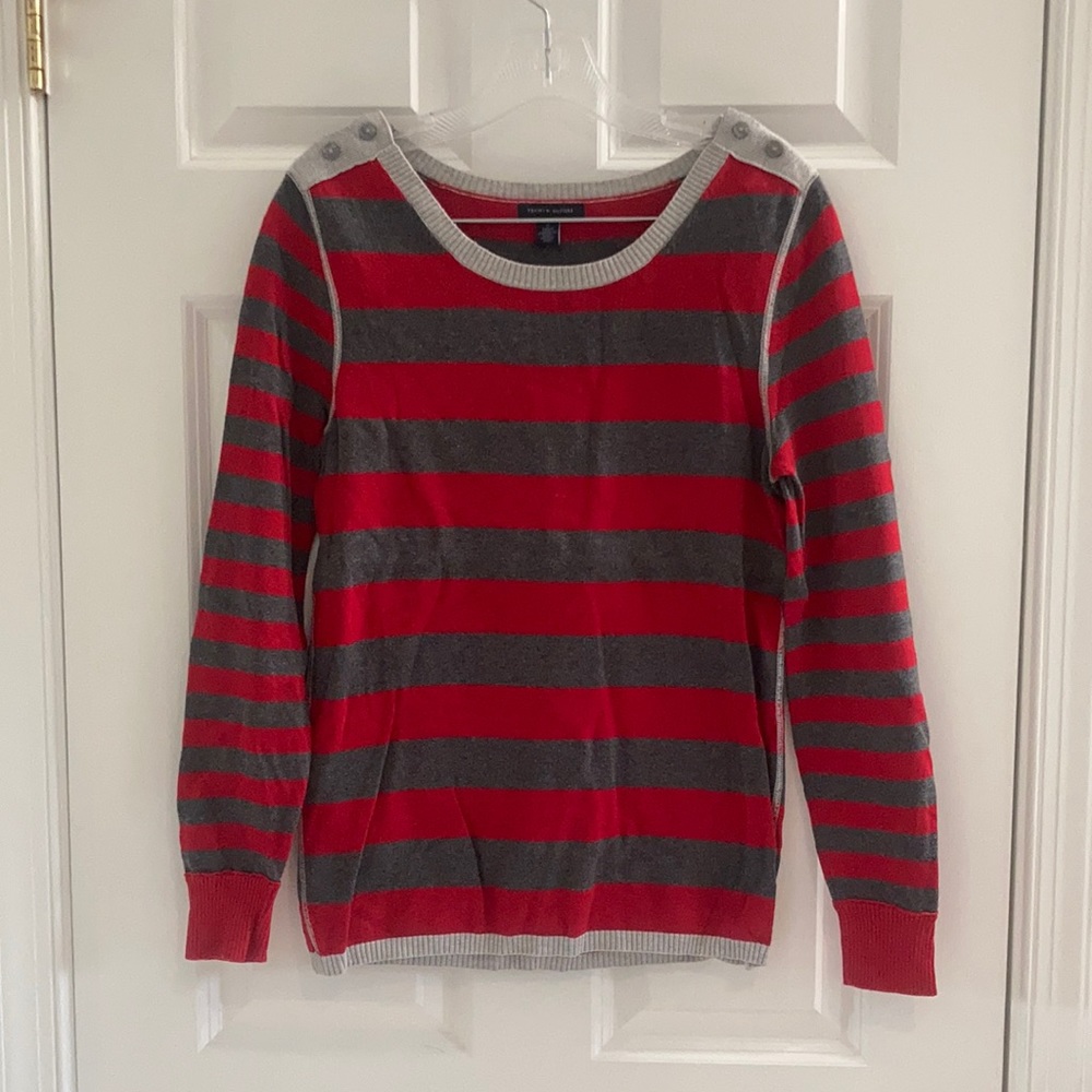 Red and grey striped sweater